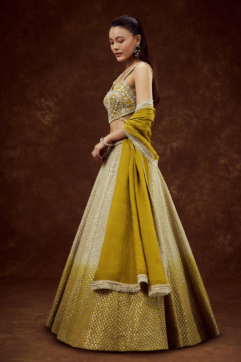 Lime Yellow Ombre Tissue Lehenga with Pearl and Sequin Work