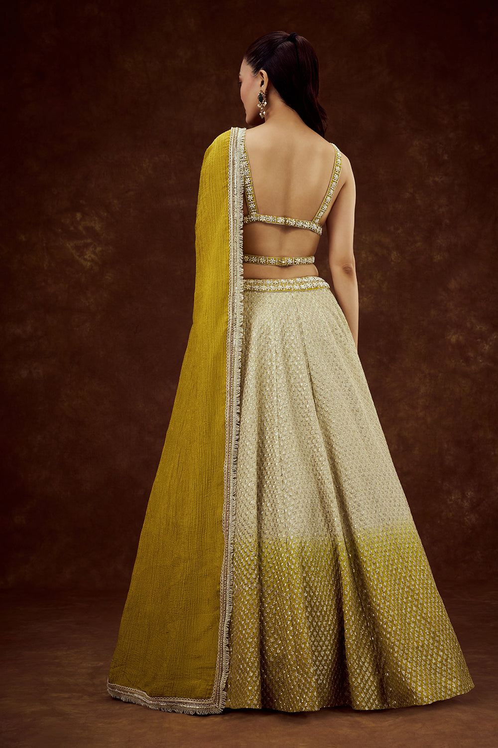 Lime Yellow Ombre Tissue Lehenga with Pearl and Sequin Work