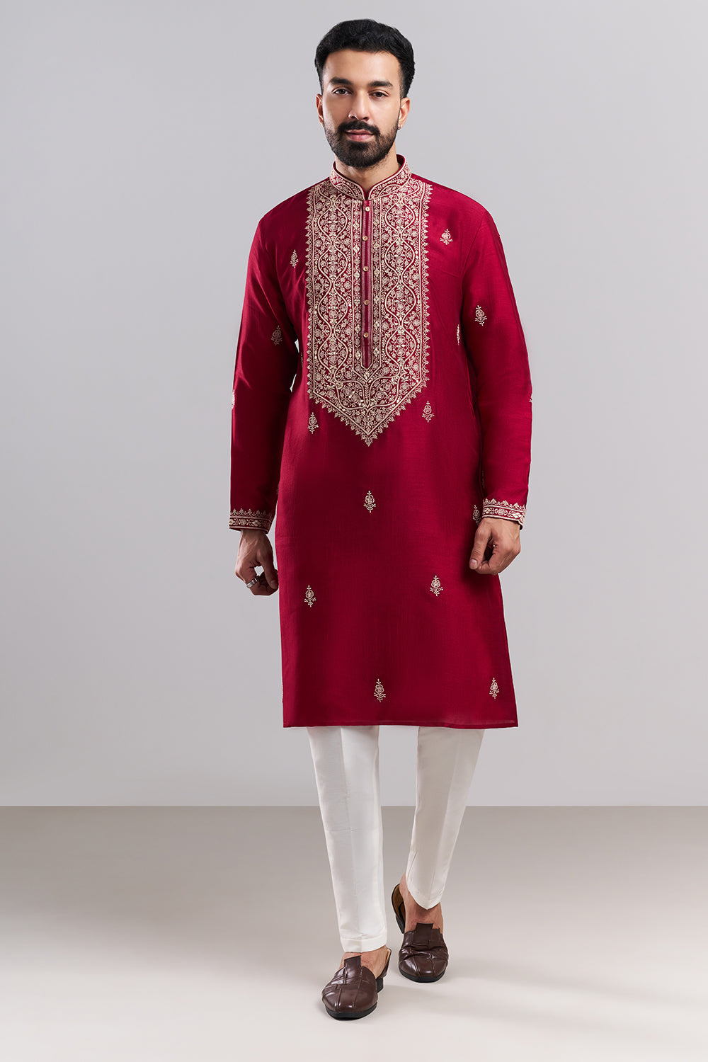 Magenta Art Silk Men's Kurta Set with Ornate Front Panel