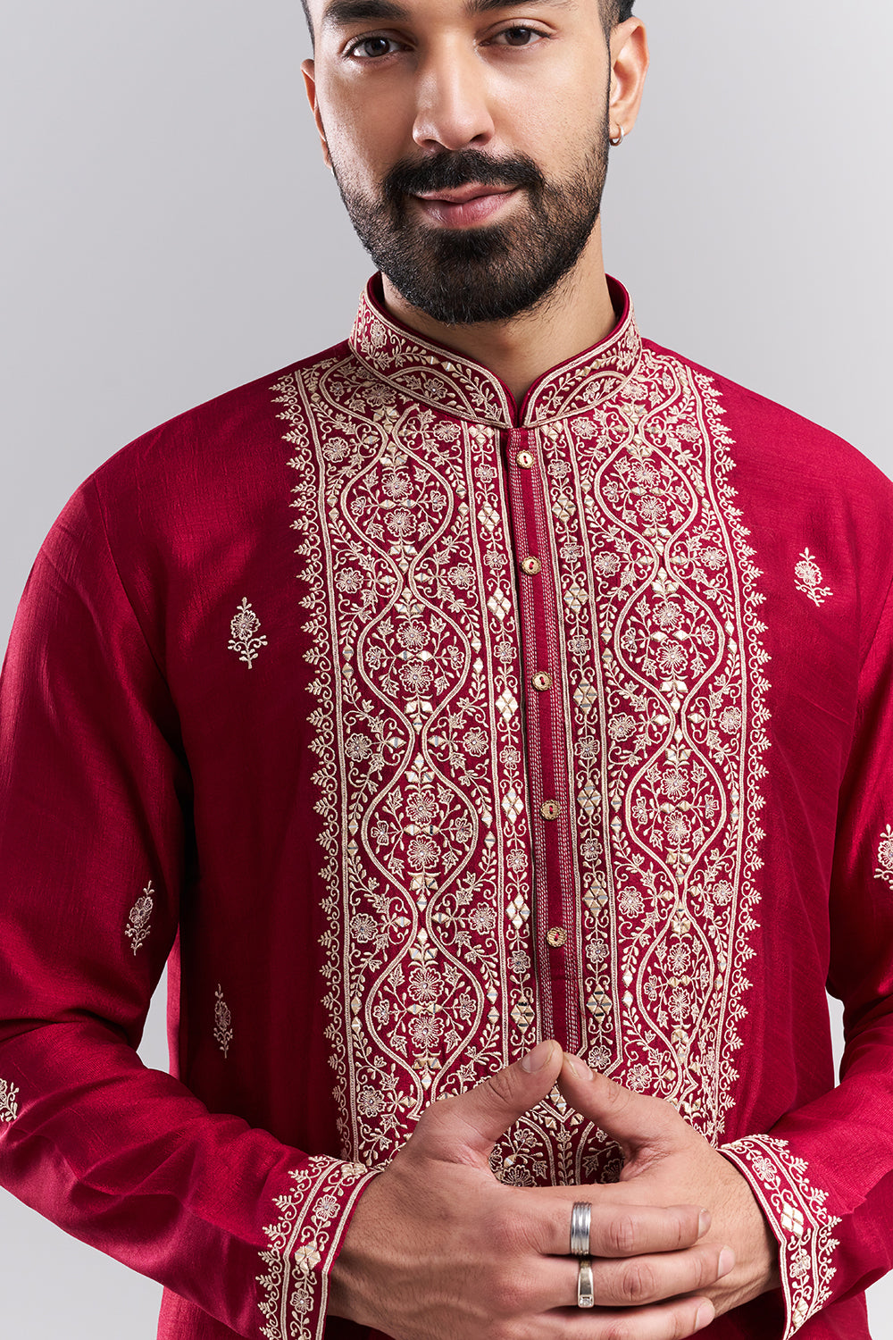 Magenta Art Silk Men's Kurta Set with Ornate Front Panel