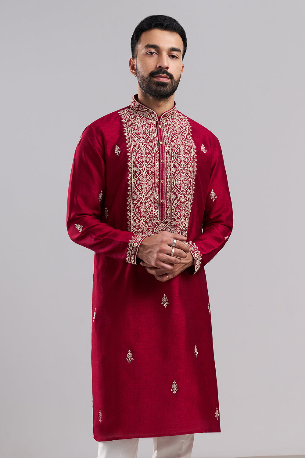 Magenta Art Silk Men's Kurta Set with Ornate Front Panel