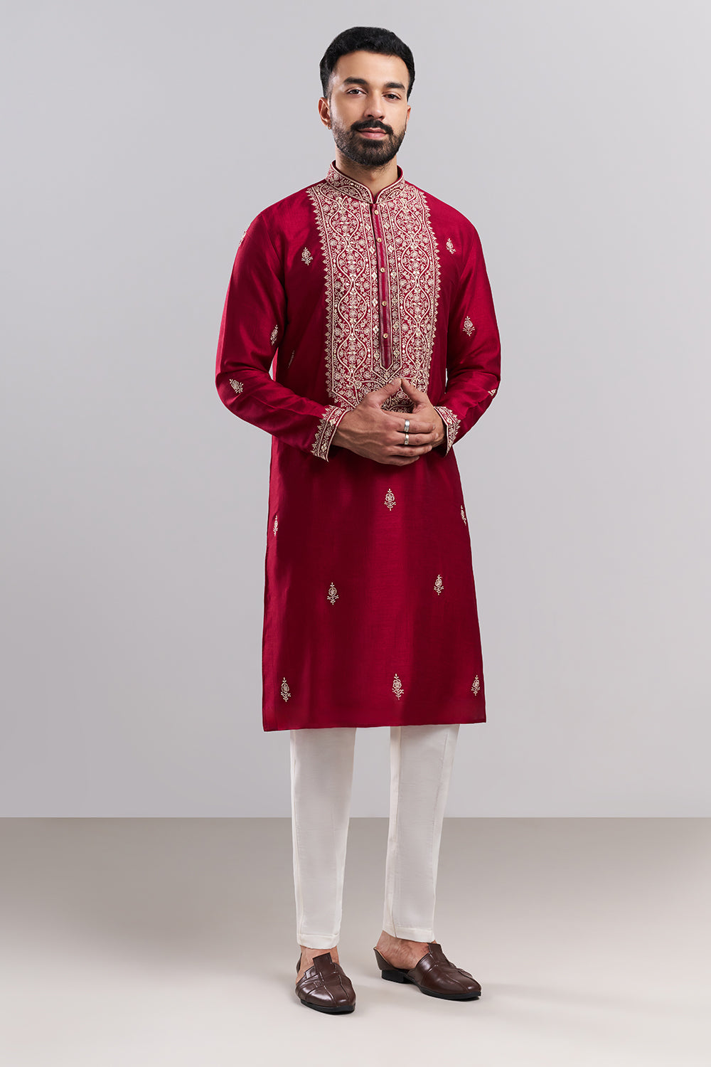 Magenta Art Silk Men's Kurta Set with Ornate Front Panel