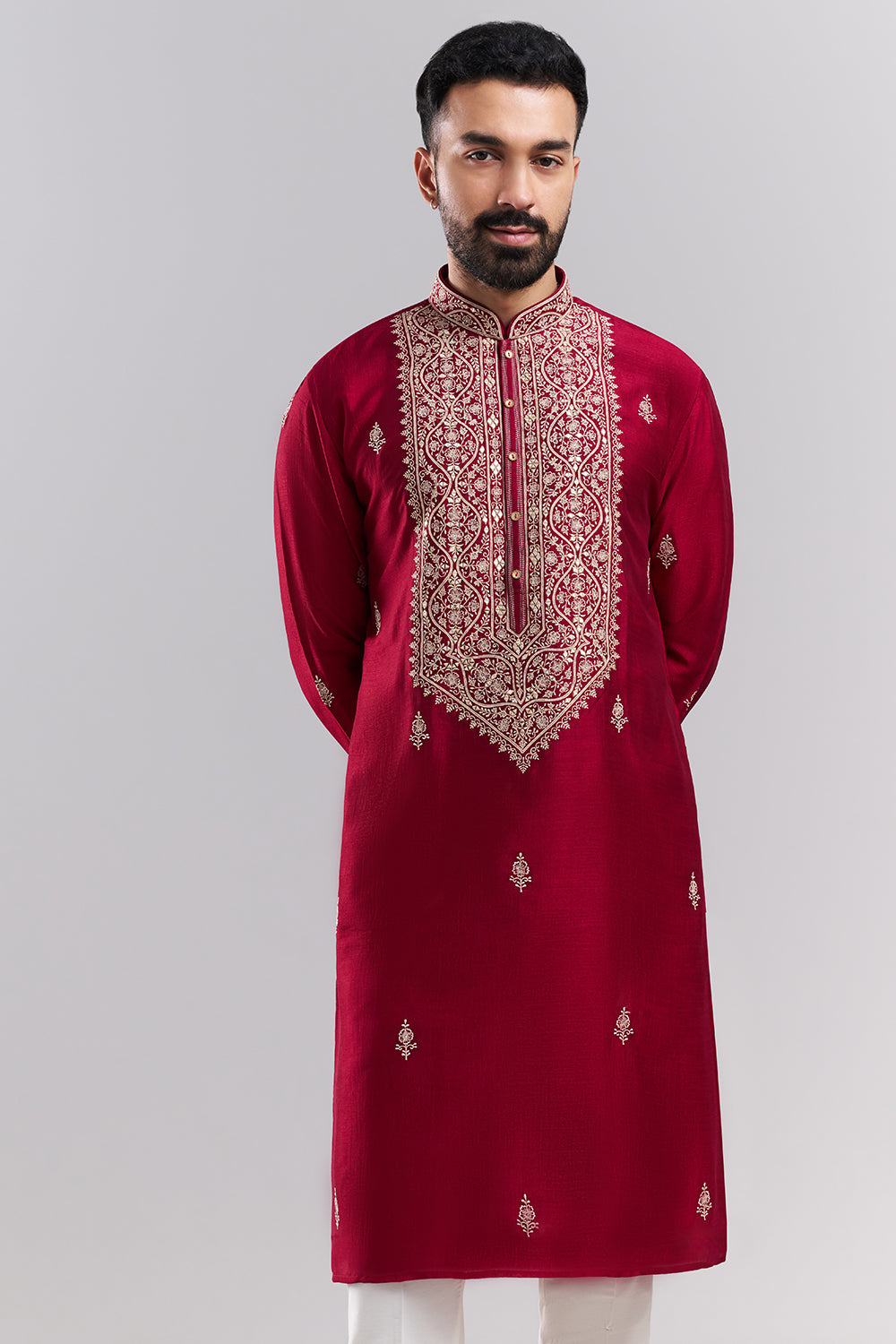 Magenta Art Silk Men's Kurta Set with Ornate Front Panel