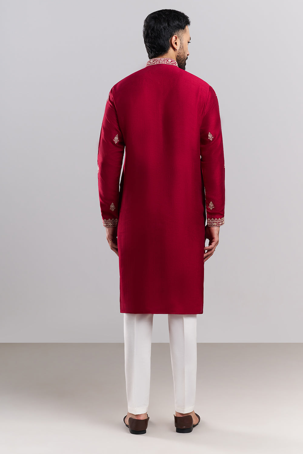 Magenta Art Silk Men's Kurta Set with Ornate Front Panel