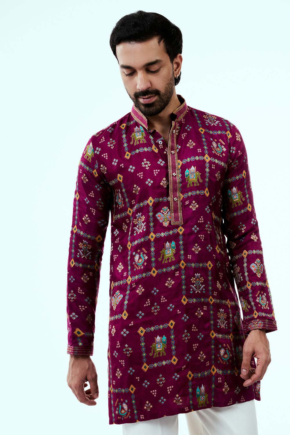 Magenta Art Silk Patola Design Mens Kurta Set