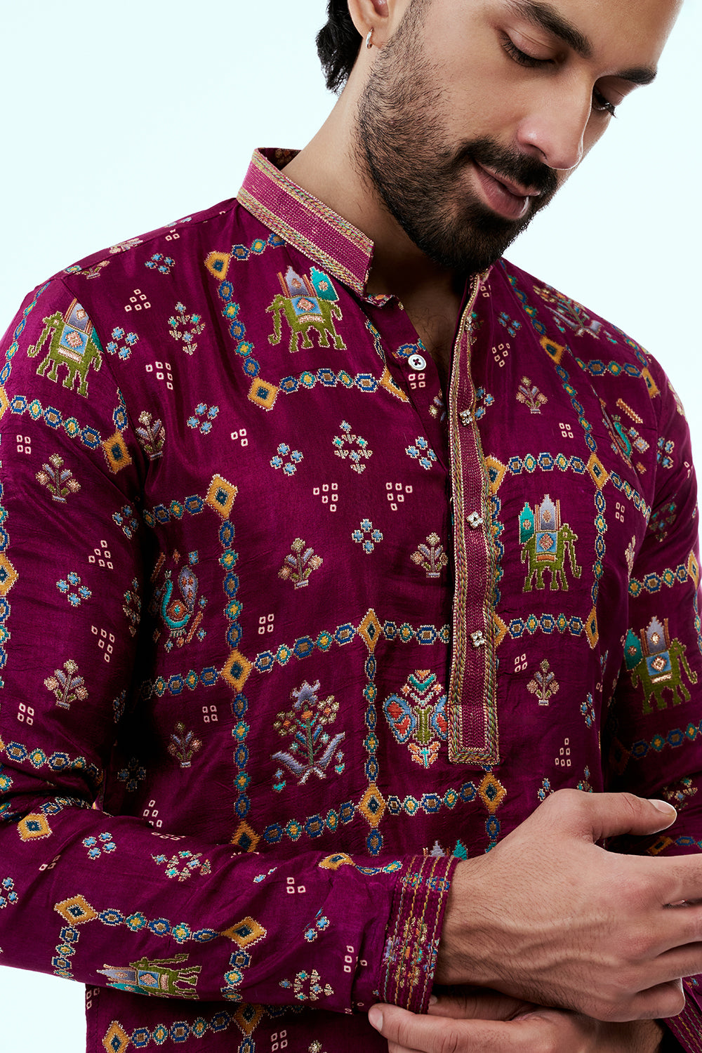 Magenta Art Silk Patola Design Mens Kurta Set