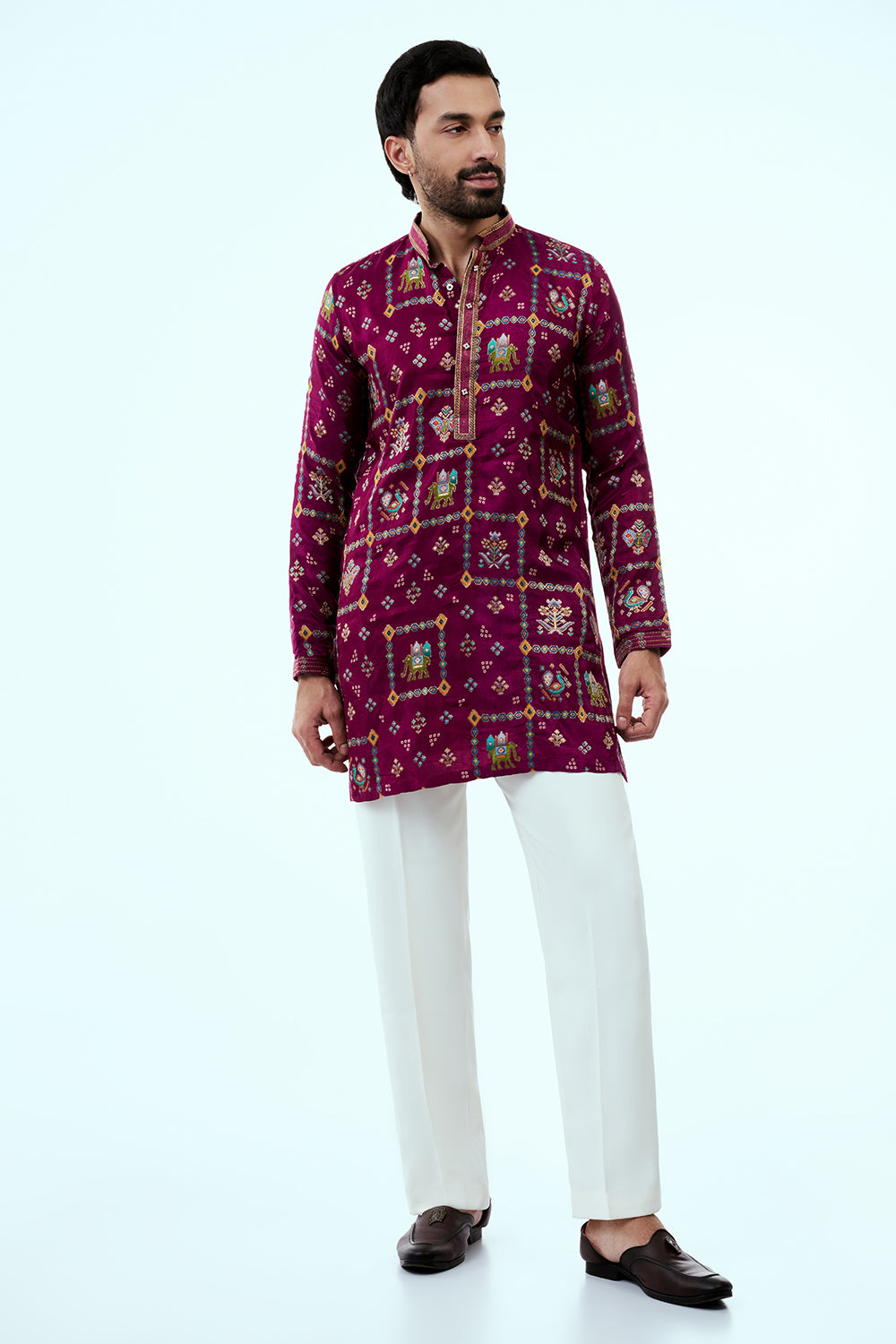 Magenta Art Silk Patola Design Mens Kurta Set