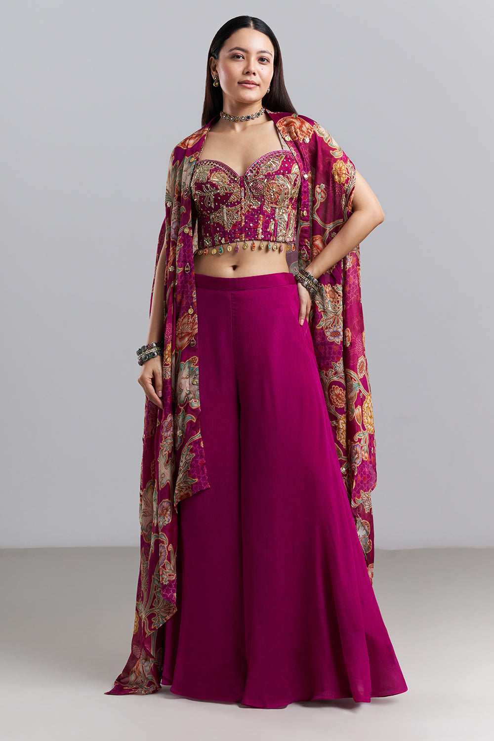 Magenta Embellished Bralette Palazzo Set with Floral Printed Cape