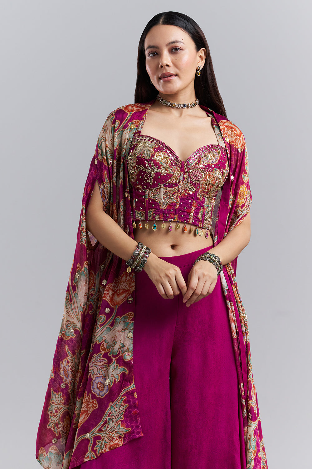 Magenta Embellished Bralette Palazzo Set with Floral Printed Cape