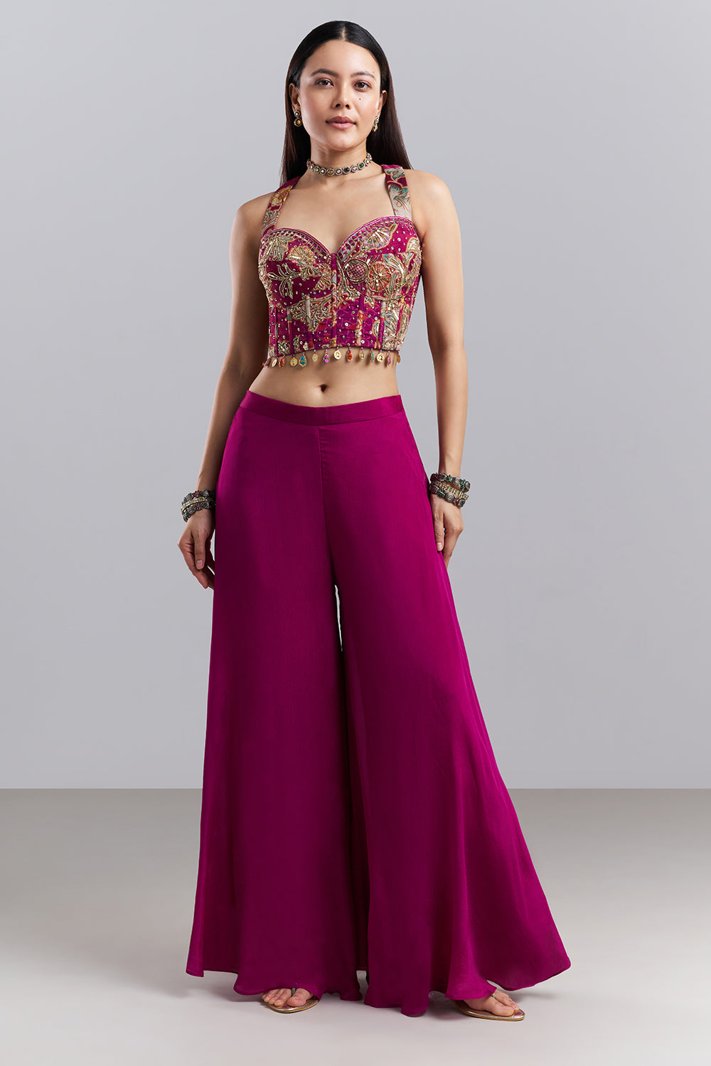 Magenta Embellished Bralette Palazzo Set with Floral Printed Cape
