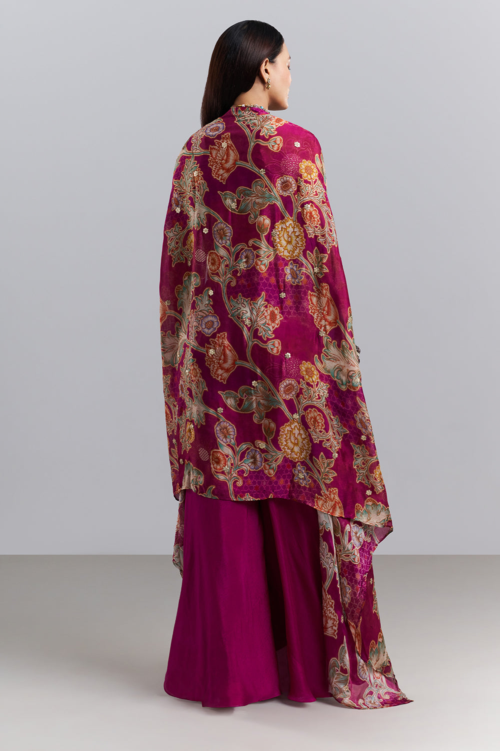 Magenta Embellished Bralette Palazzo Set with Floral Printed Cape