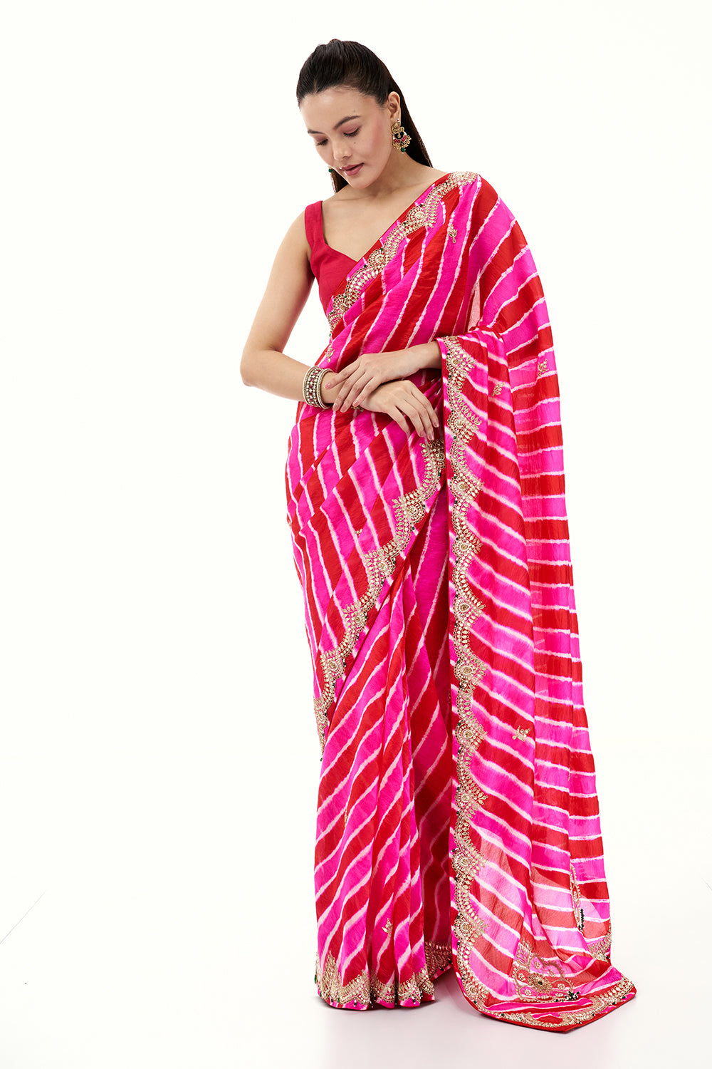 Magenta Pink Organza Printed Saree with Gota Patti and Dori Work