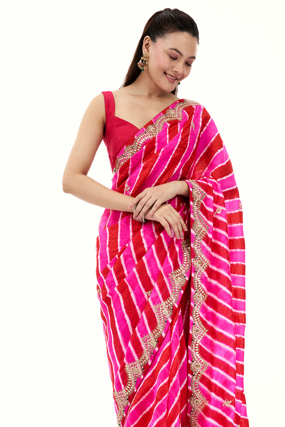 Magenta Pink Organza Printed Saree with Gota Patti and Dori Work