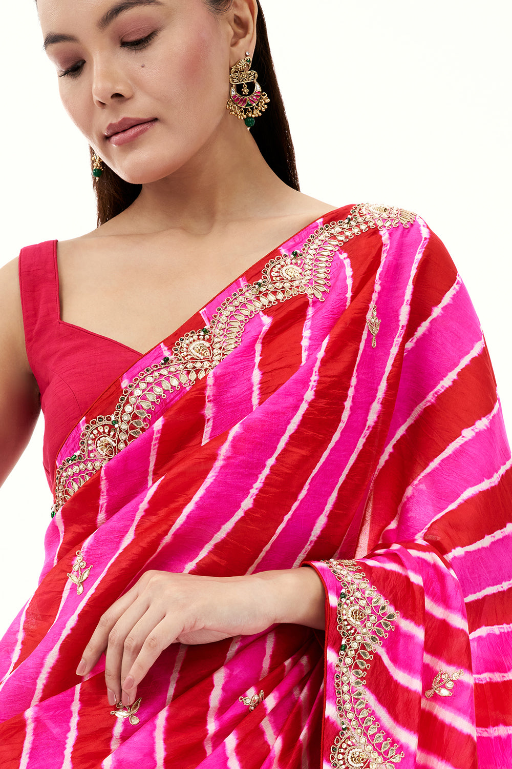 Magenta Pink Organza Printed Saree with Gota Patti and Dori Work