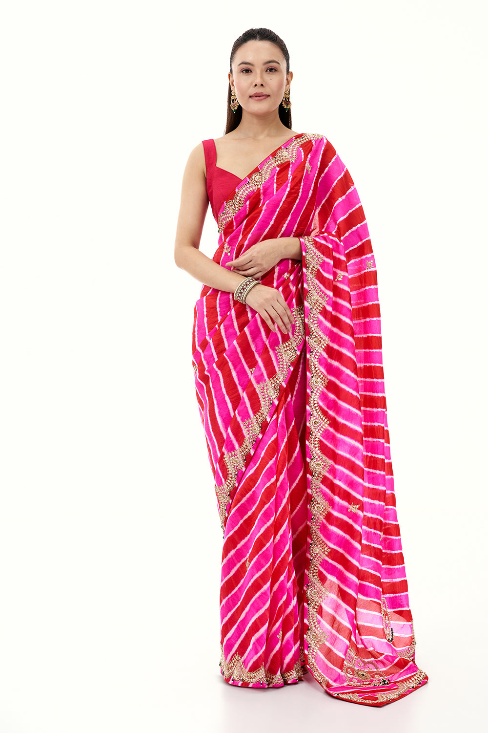 Magenta Pink Organza Printed Saree with Gota Patti and Dori Work