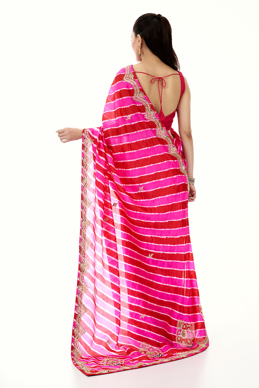 Magenta Pink Organza Printed Saree with Gota Patti and Dori Work