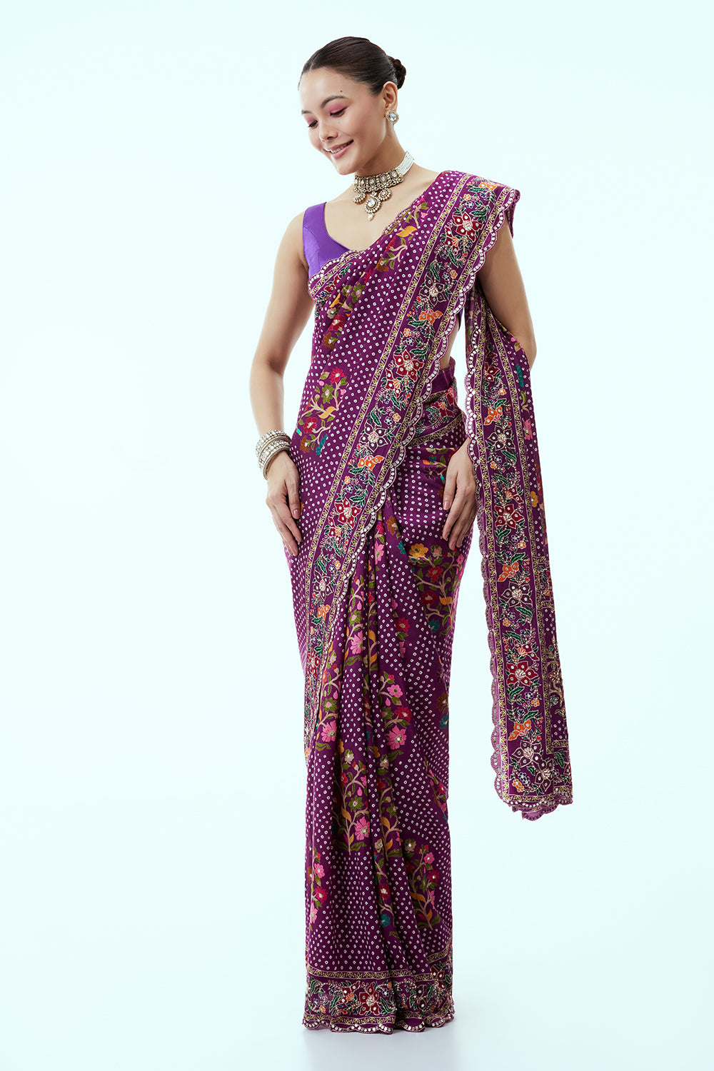 Magenta Silk Bandhani Print Saree with Mirror Work and Unstitched Blouse