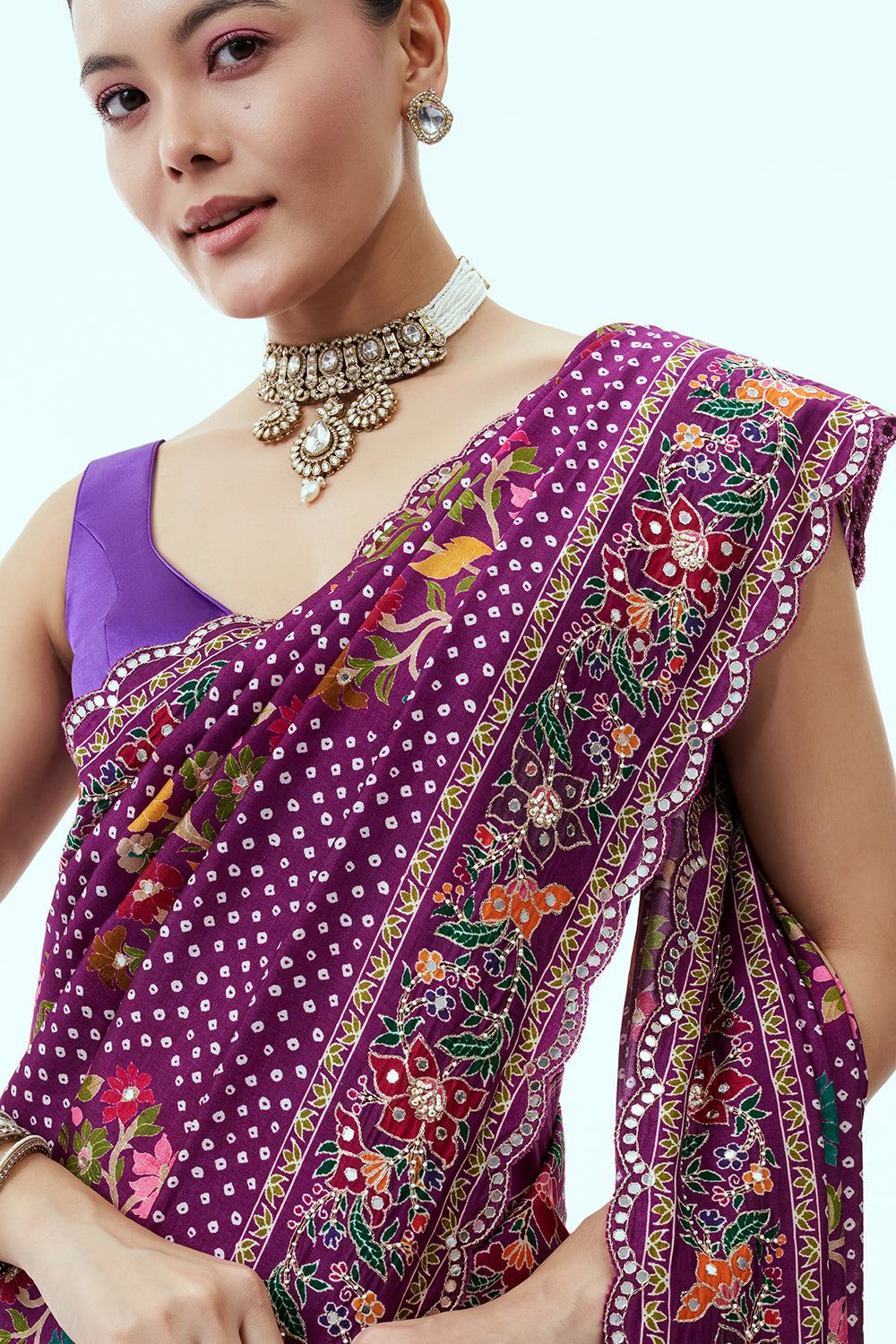 Magenta Silk Bandhani Print Saree with Mirror Work and Unstitched Blouse