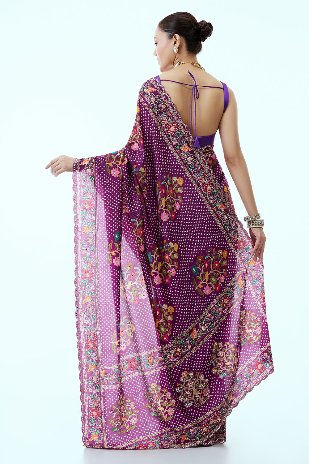 Magenta Silk Bandhani Print Saree with Mirror Work and Unstitched Blouse