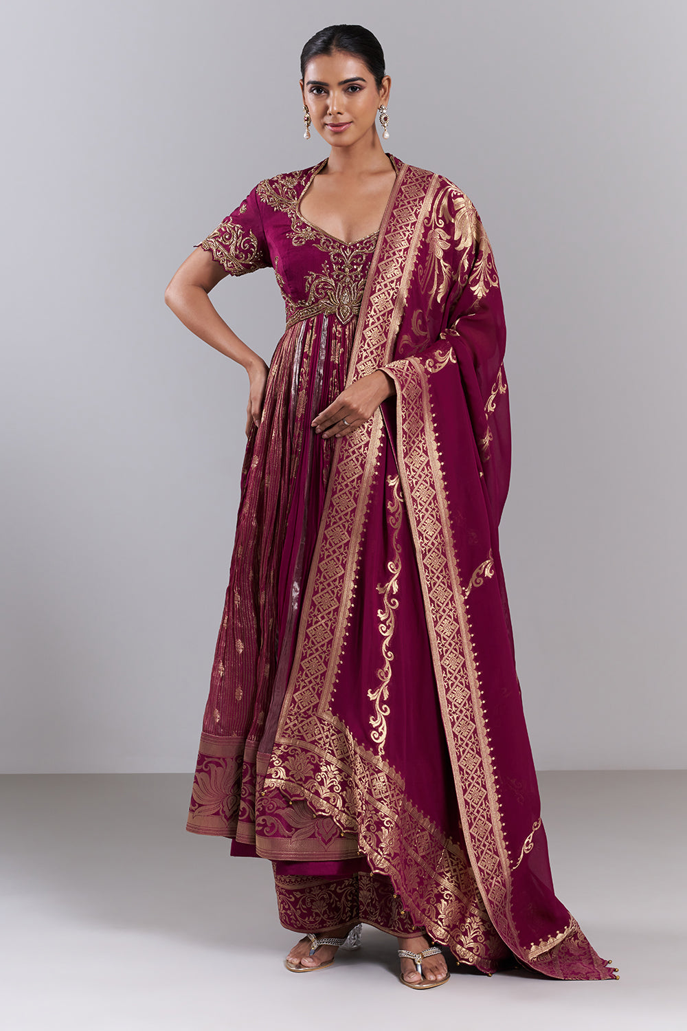 Magenta Silk Dupion Embroidered Anarkali Suit