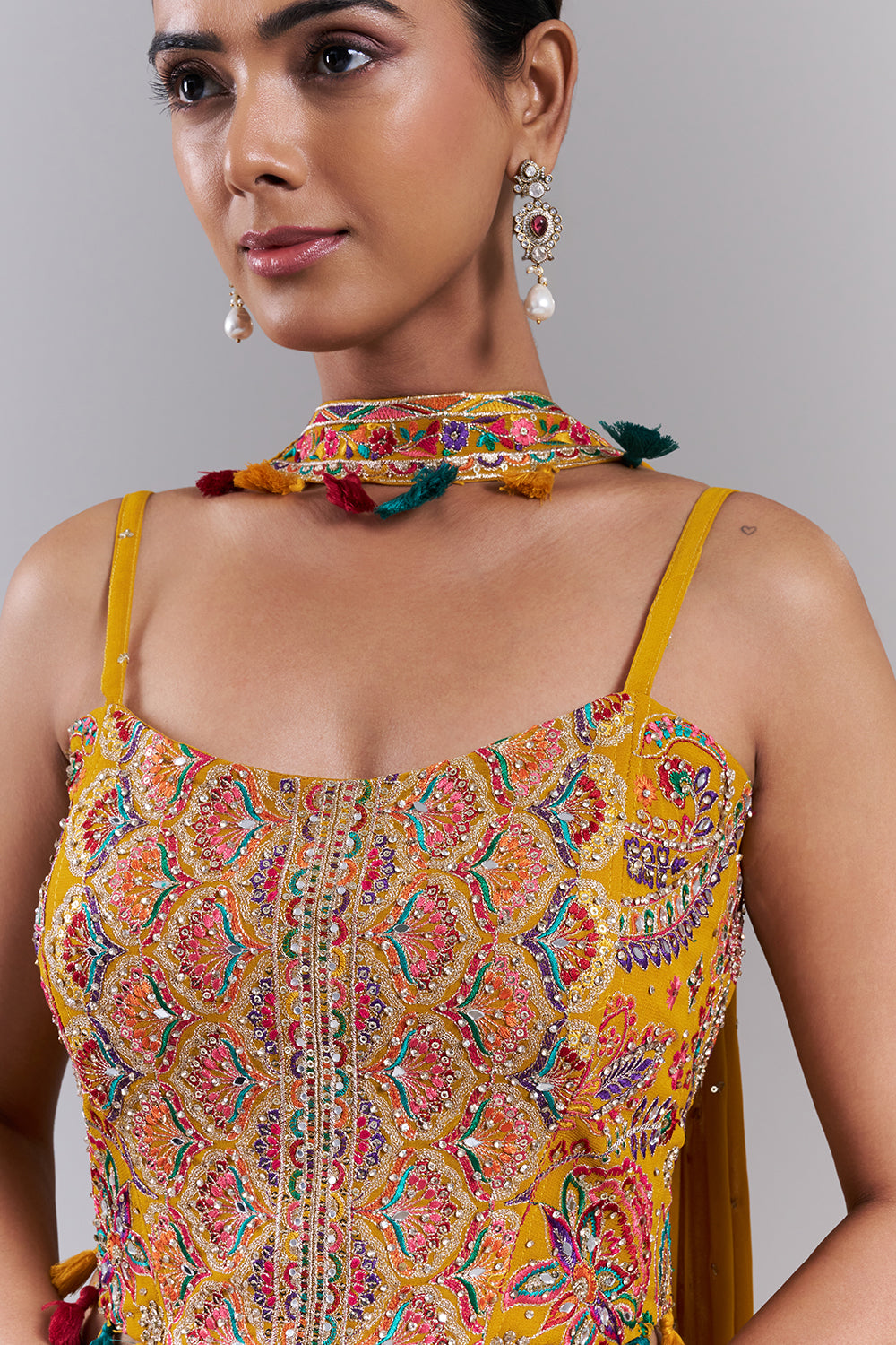 Mango Yellow Georgette Resham Embellished Lehenga Set