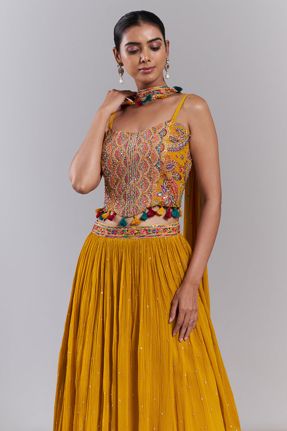 Mango Yellow Georgette Resham Embellished Lehenga Set