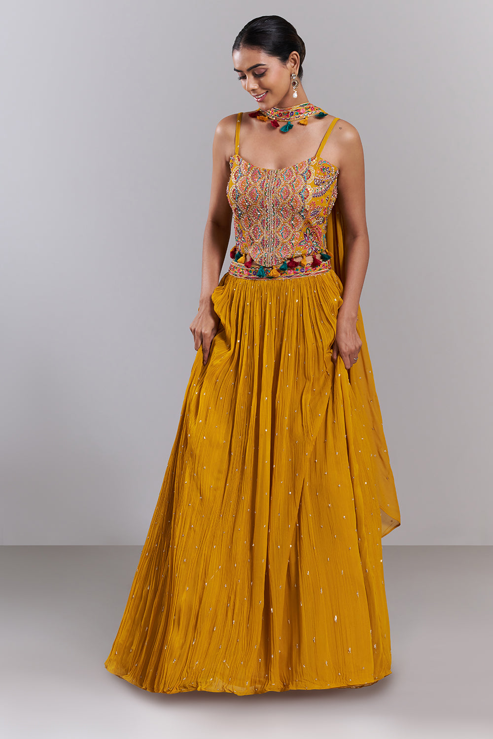 Mango Yellow Georgette Resham Embellished Lehenga Set