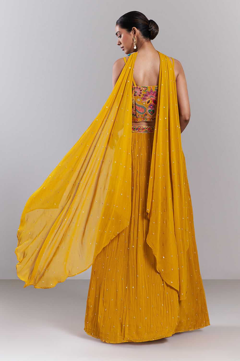 Mango Yellow Georgette Resham Embellished Lehenga Set