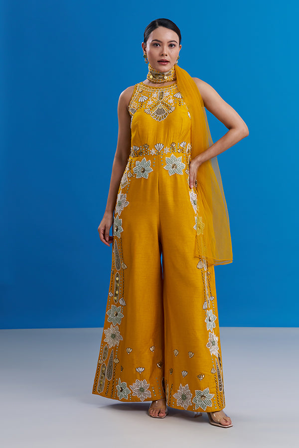 Mango Yellow Raw Silk Embroidered Jumpsuit