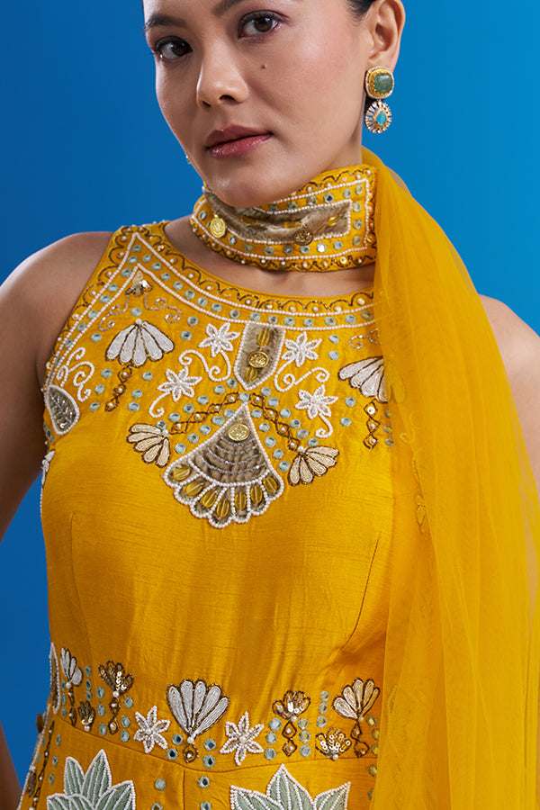 Mango Yellow Raw Silk Embroidered Jumpsuit