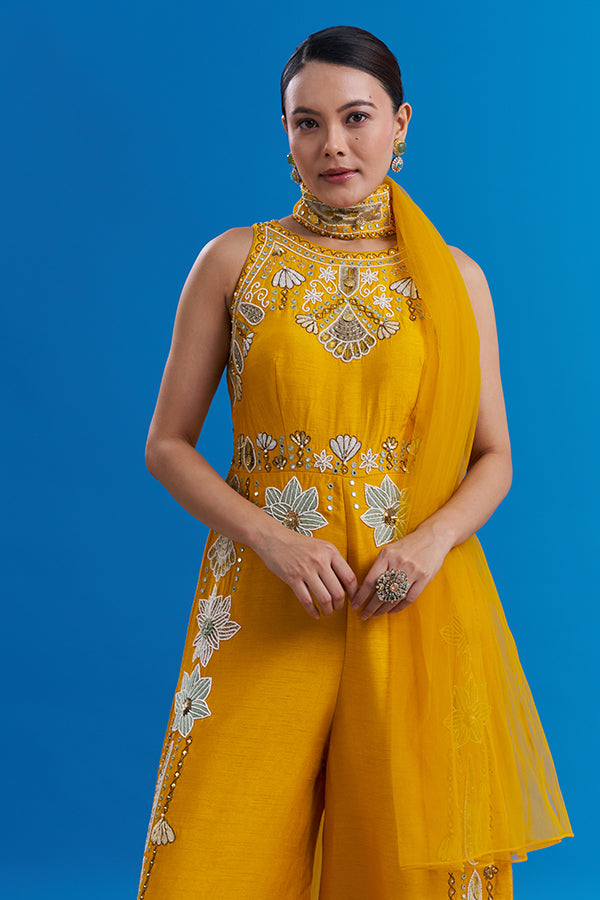 Mango Yellow Raw Silk Embroidered Jumpsuit