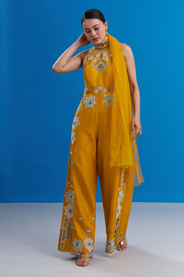 Mango Yellow Raw Silk Embroidered Jumpsuit