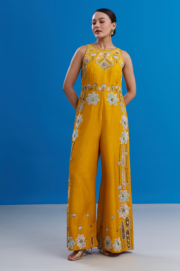 Mango Yellow Raw Silk Embroidered Jumpsuit