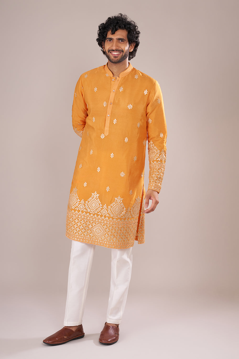 Marigold Yellow Cotton Silk Men's Kurta Set with Ivory Colored Embroidery