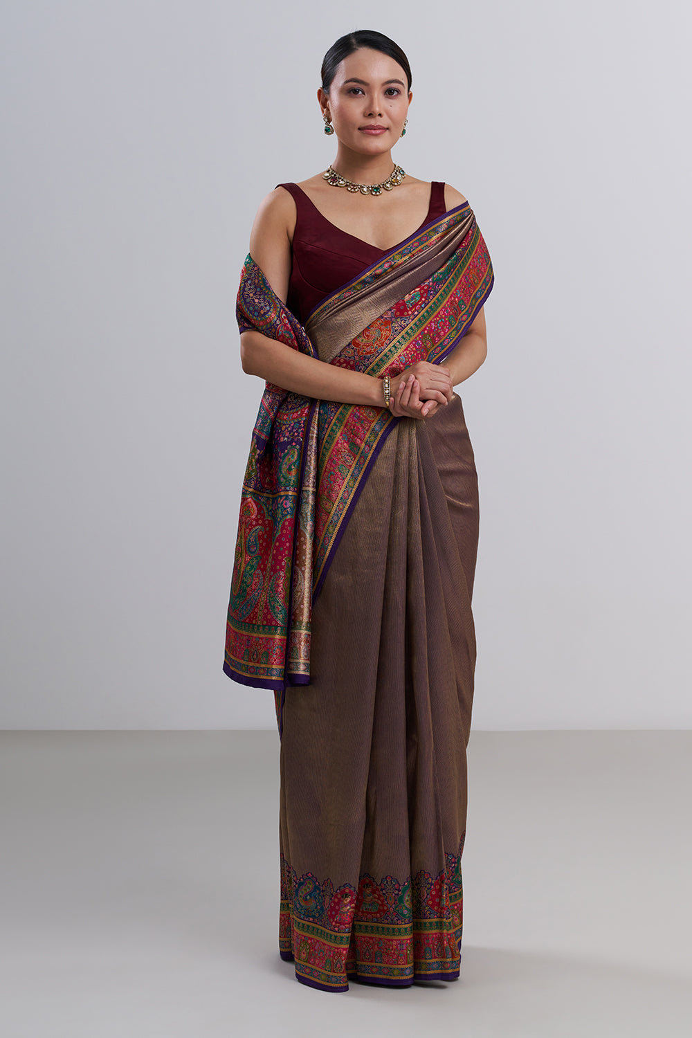 Maroon Banarasi Silk Saree with Paisley Pattern And Unstitched Blouse