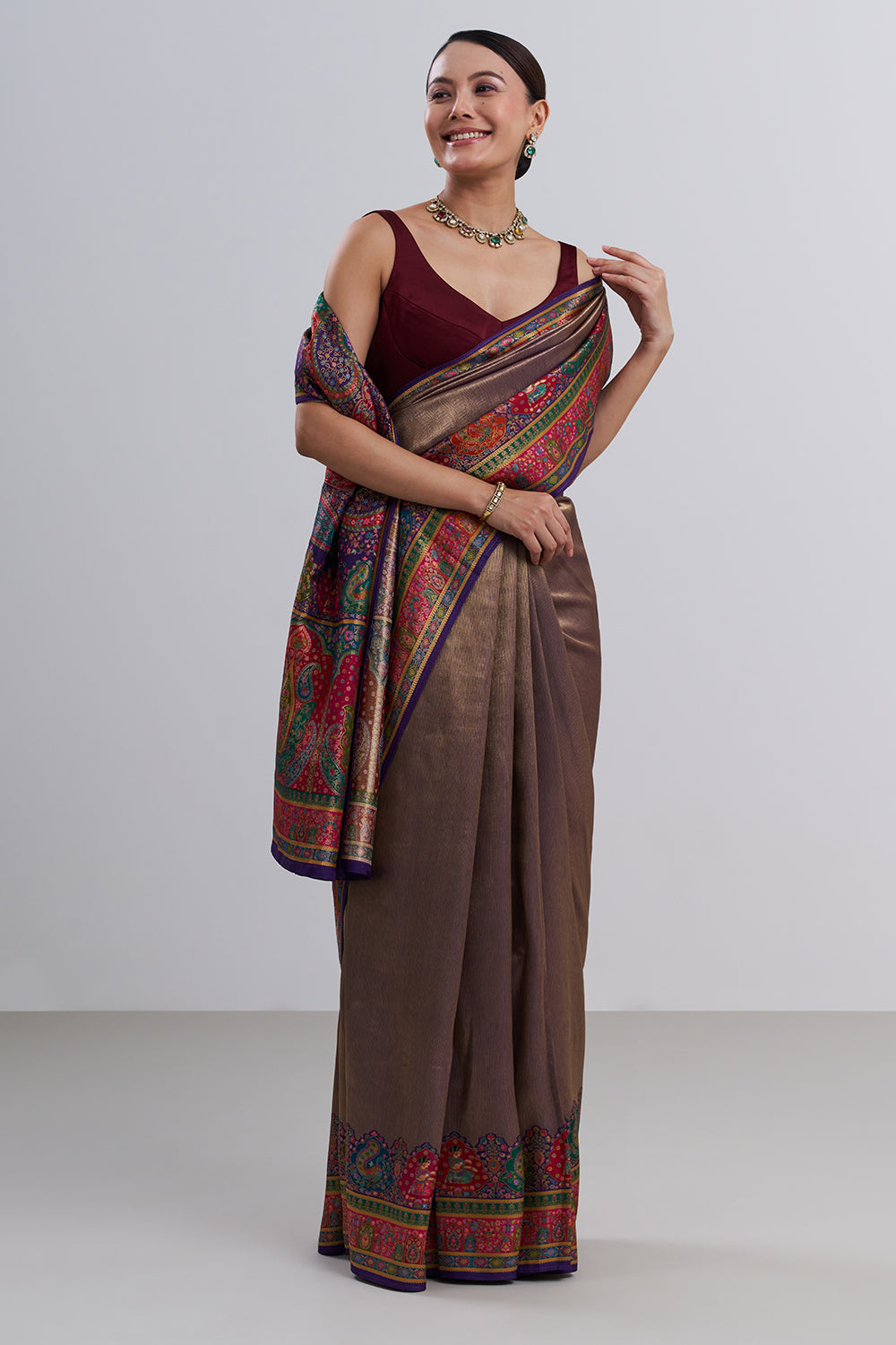Maroon Banarasi Silk Saree with Paisley Pattern And Unstitched Blouse