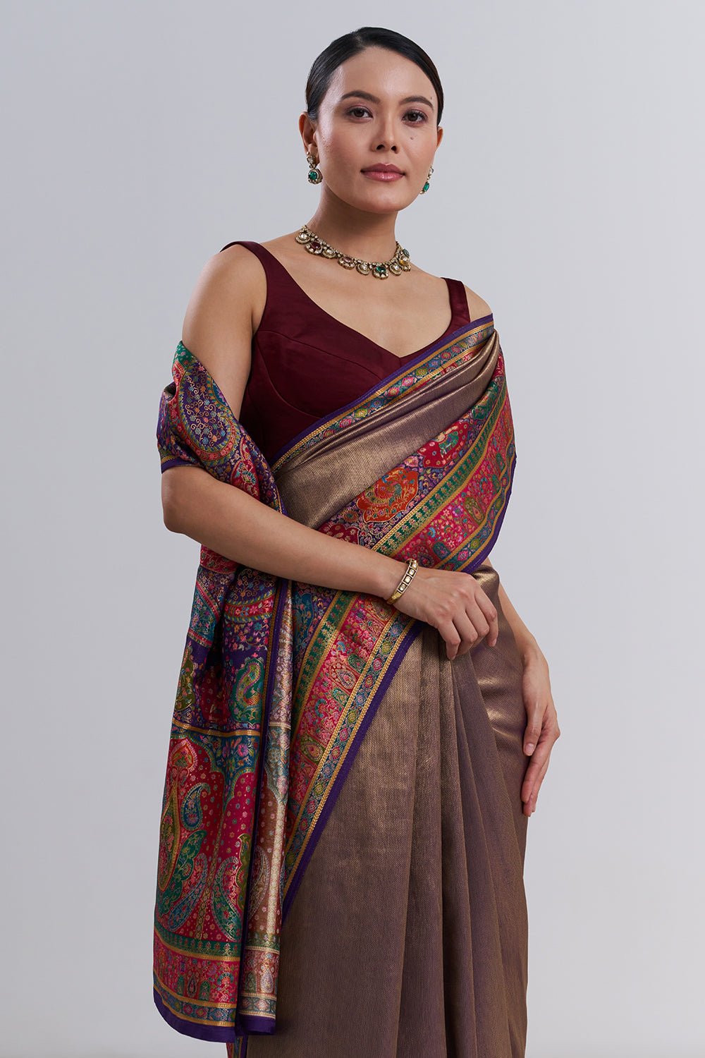 Maroon Banarasi Silk Saree with Paisley Pattern And Unstitched Blouse