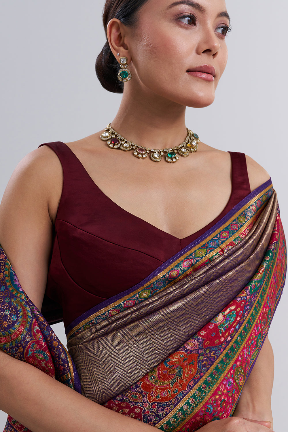 Maroon Banarasi Silk Saree with Paisley Pattern And Unstitched Blouse