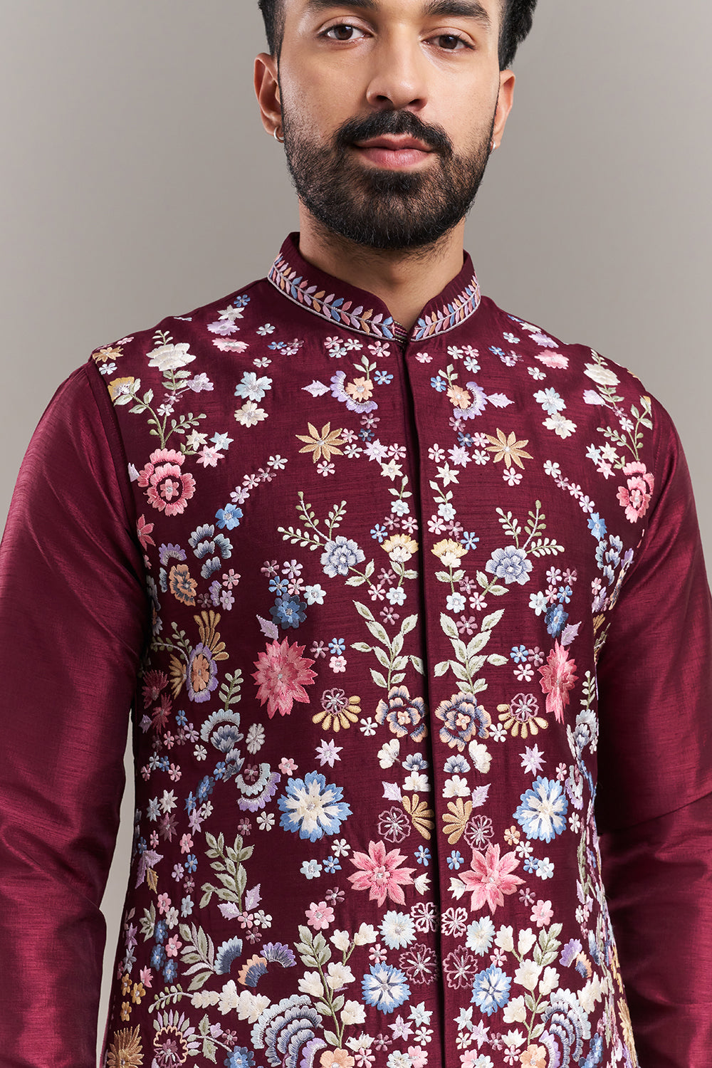 Maroon Chanderi Silk Floral Garden Men's Kurta with Jacket