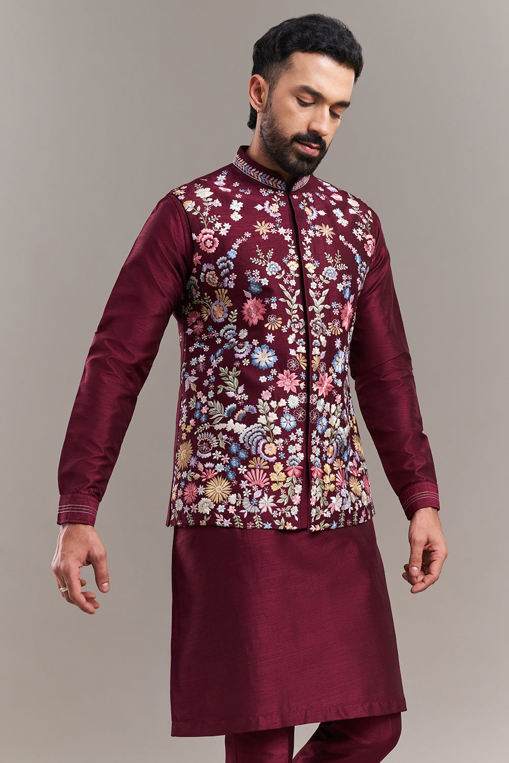 Maroon Chanderi Silk Floral Garden Men's Kurta with Jacket