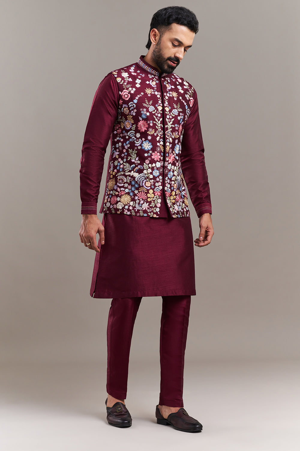 Maroon Chanderi Silk Floral Garden Men's Kurta with Jacket