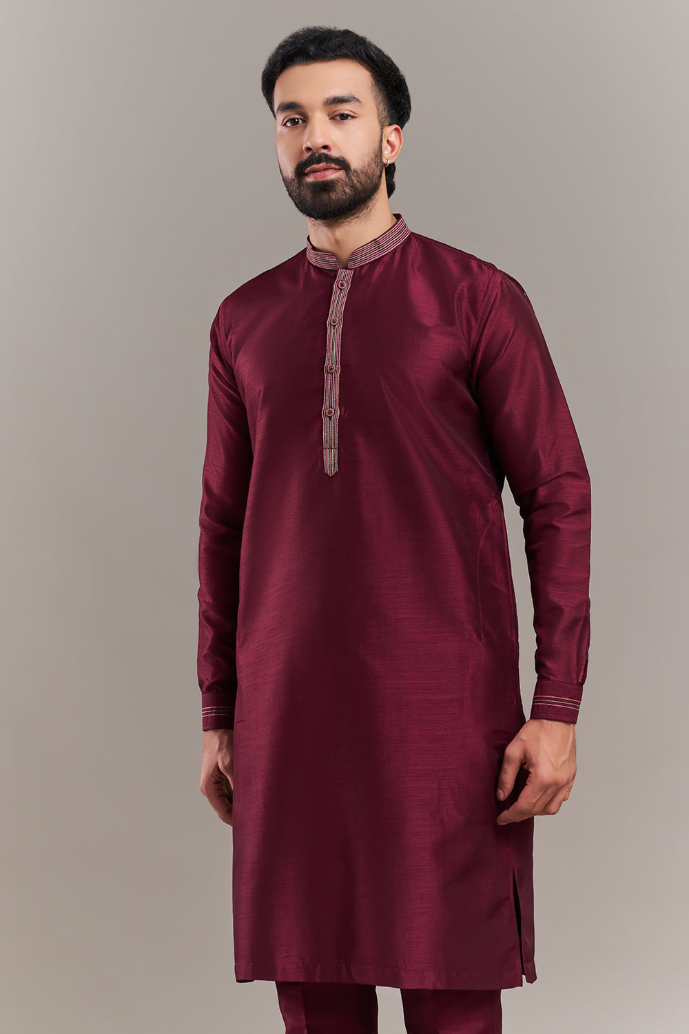 Maroon Chanderi Silk Floral Garden Men's Kurta with Jacket