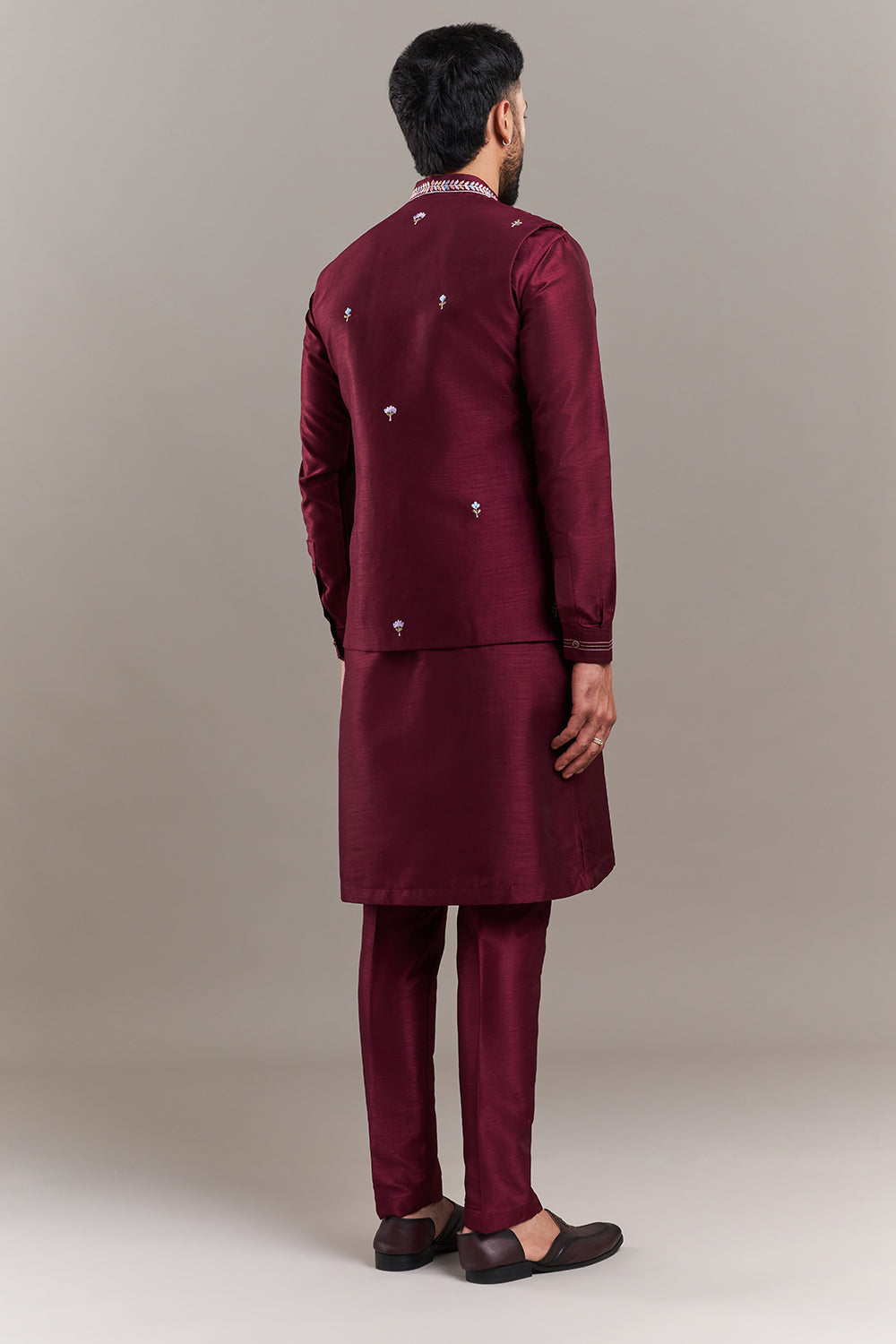 Maroon Chanderi Silk Floral Garden Men's Kurta with Jacket