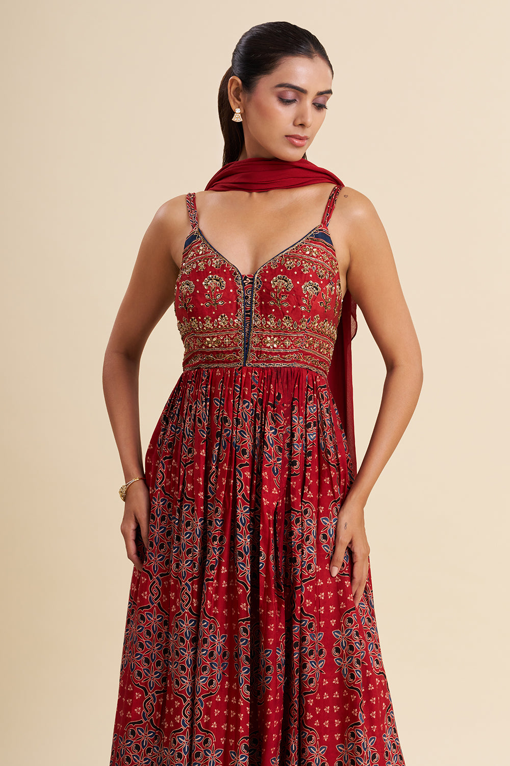 Maroon Cotton Anarkali Set with Ajrakh Work