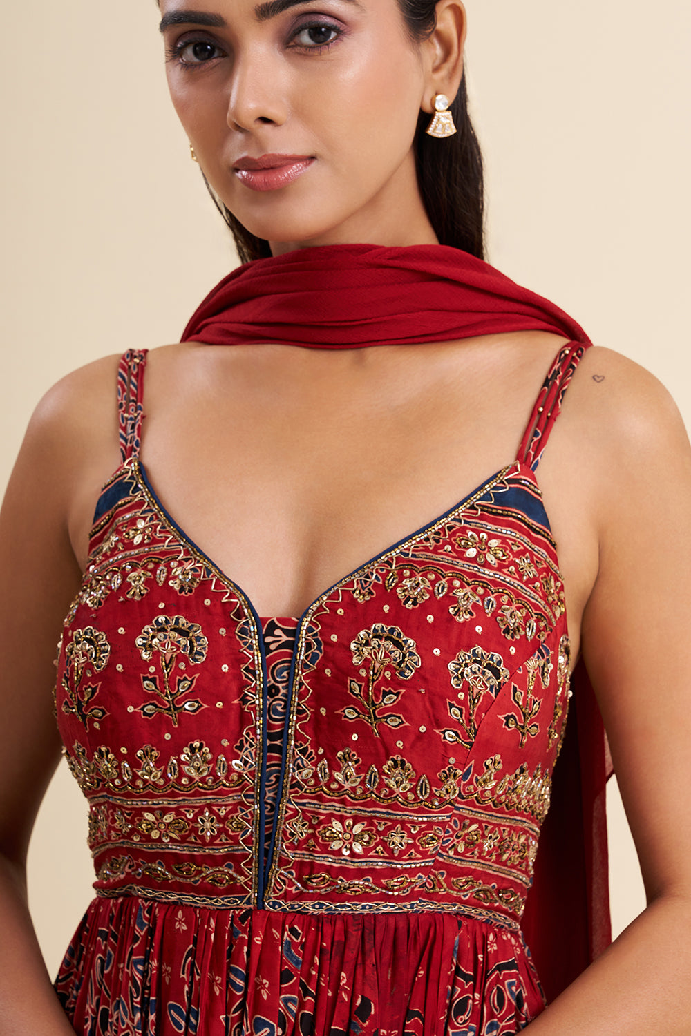 Maroon Cotton Anarkali Set with Ajrakh Work