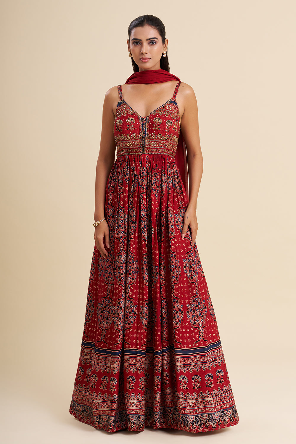 Maroon Cotton Anarkali Set with Ajrakh Work