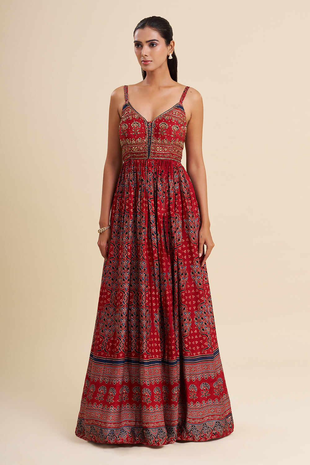 Maroon Cotton Anarkali Set with Ajrakh Work