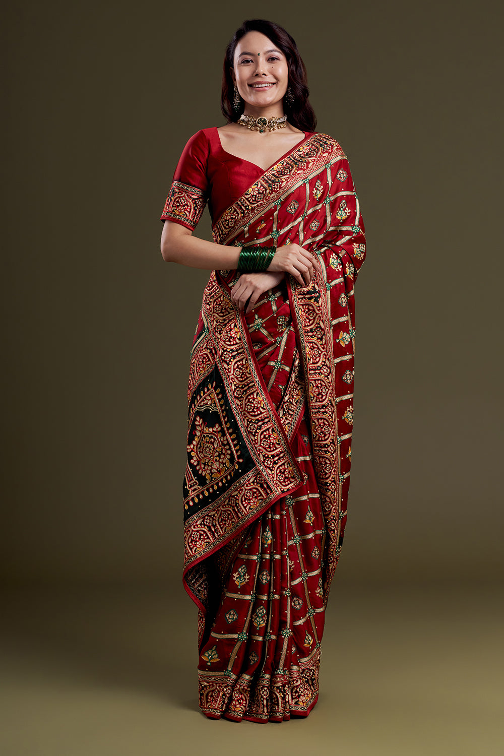 Maroon Floral Motif Embroidered Silk Saree Gharchola