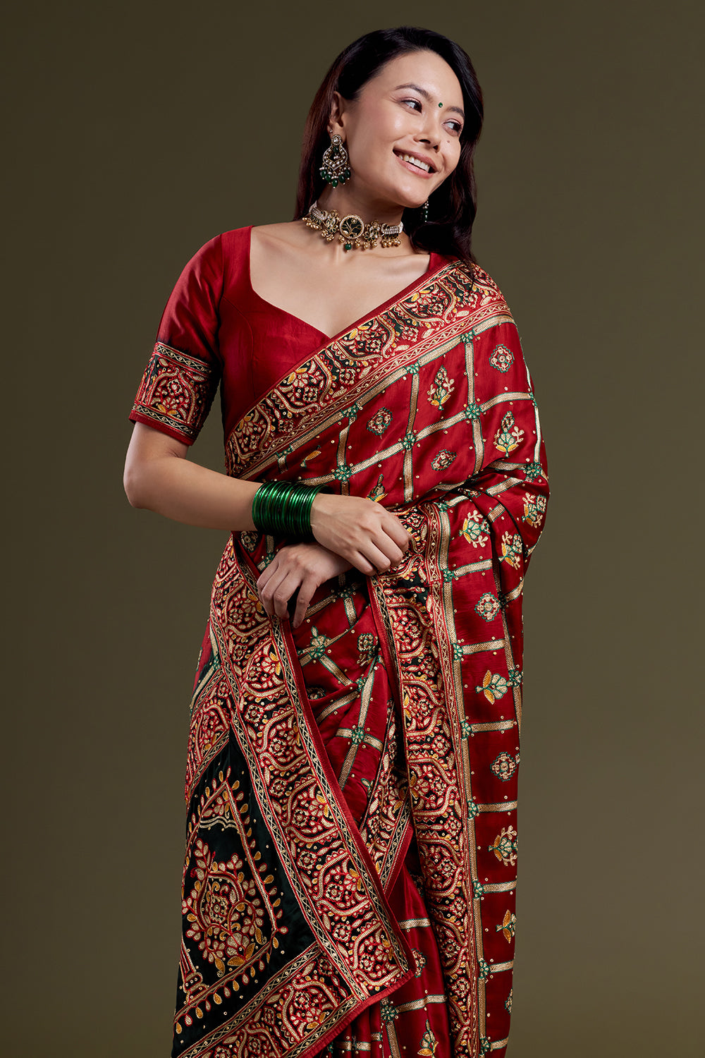 Maroon Floral Motif Embroidered Silk Saree Gharchola