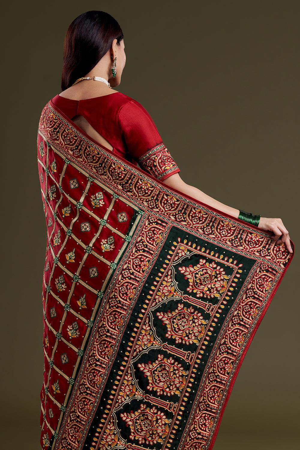 Maroon Floral Motif Embroidered Silk Saree Gharchola